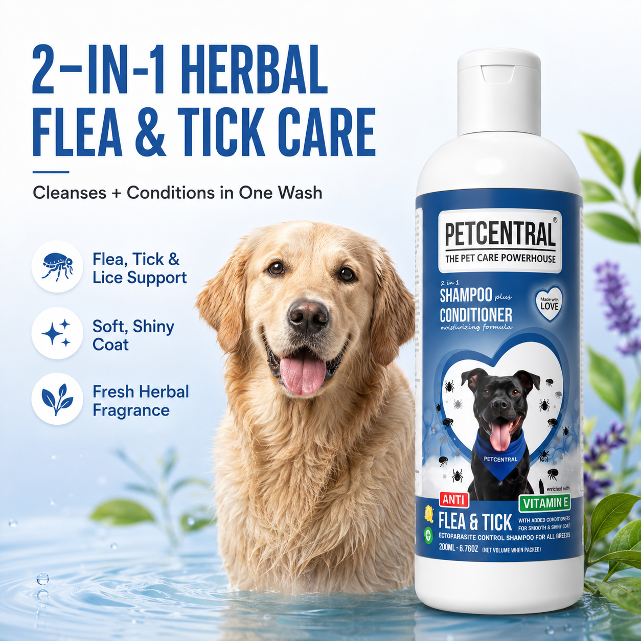 PETCENTRAL Natural Anti Flea & Tick 2-in-1 Pet Shampoo + Conditioner | Herbal Flea Tick Lice Control | Neem, Citronella, Eucalyptus & Aloe Vera | For Dogs & Cats