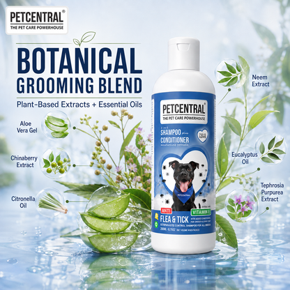 PETCENTRAL Natural Anti Flea & Tick 2-in-1 Pet Shampoo + Conditioner | Herbal Flea Tick Lice Control | Neem, Citronella, Eucalyptus & Aloe Vera | For Dogs & Cats