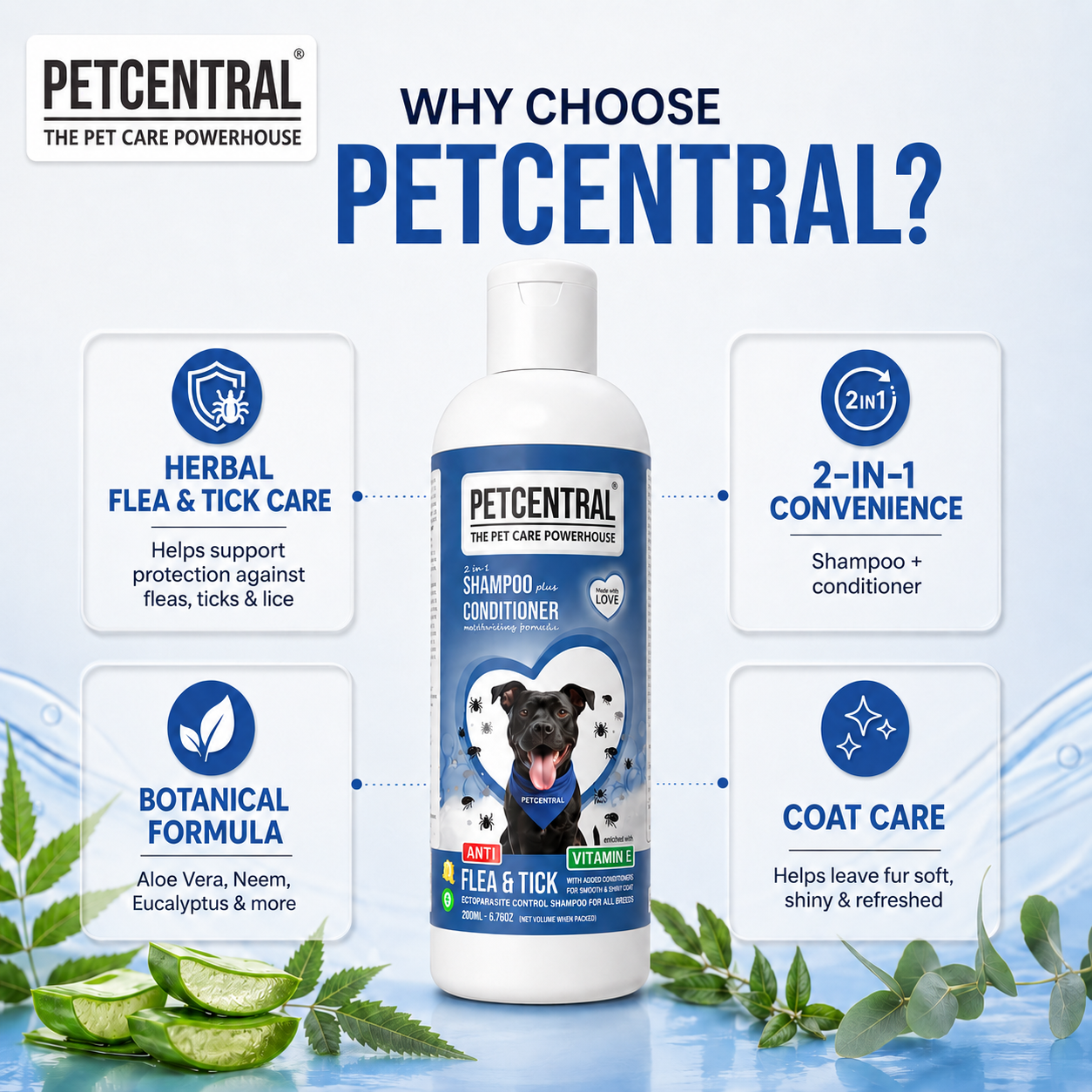 PETCENTRAL Natural Anti Flea & Tick 2-in-1 Pet Shampoo + Conditioner | Herbal Flea Tick Lice Control | Neem, Citronella, Eucalyptus & Aloe Vera | For Dogs & Cats
