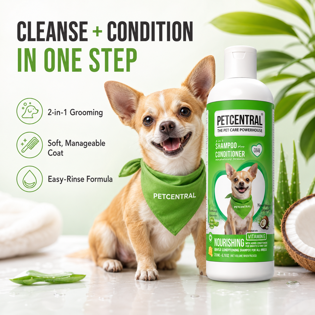 PETCENTRAL 2-in-1 Coconut & Aloe Vera Shampoo + Conditioner for Dogs & Cats | Nourishing Pet Grooming Shampoo | Cleanse, Condition & Detangle