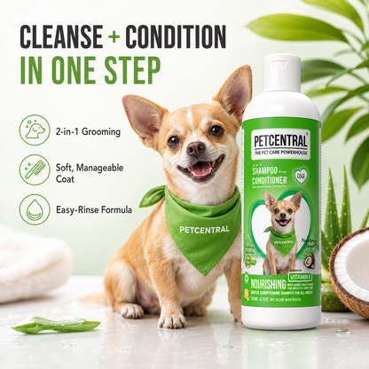 PETCENTRAL 2-in-1 Coconut & Aloe Vera Shampoo + Conditioner for Dogs & Cats | Nourishing Pet Grooming Shampoo | Cleanse, Condition & Detangle