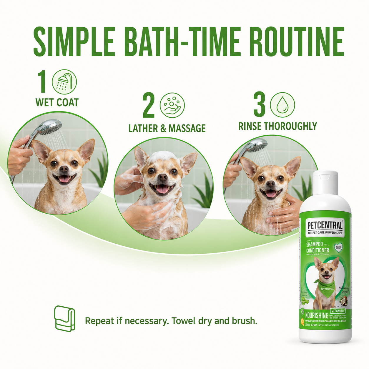 PETCENTRAL 2-in-1 Coconut & Aloe Vera Shampoo + Conditioner for Dogs & Cats | Nourishing Pet Grooming Shampoo | Cleanse, Condition & Detangle