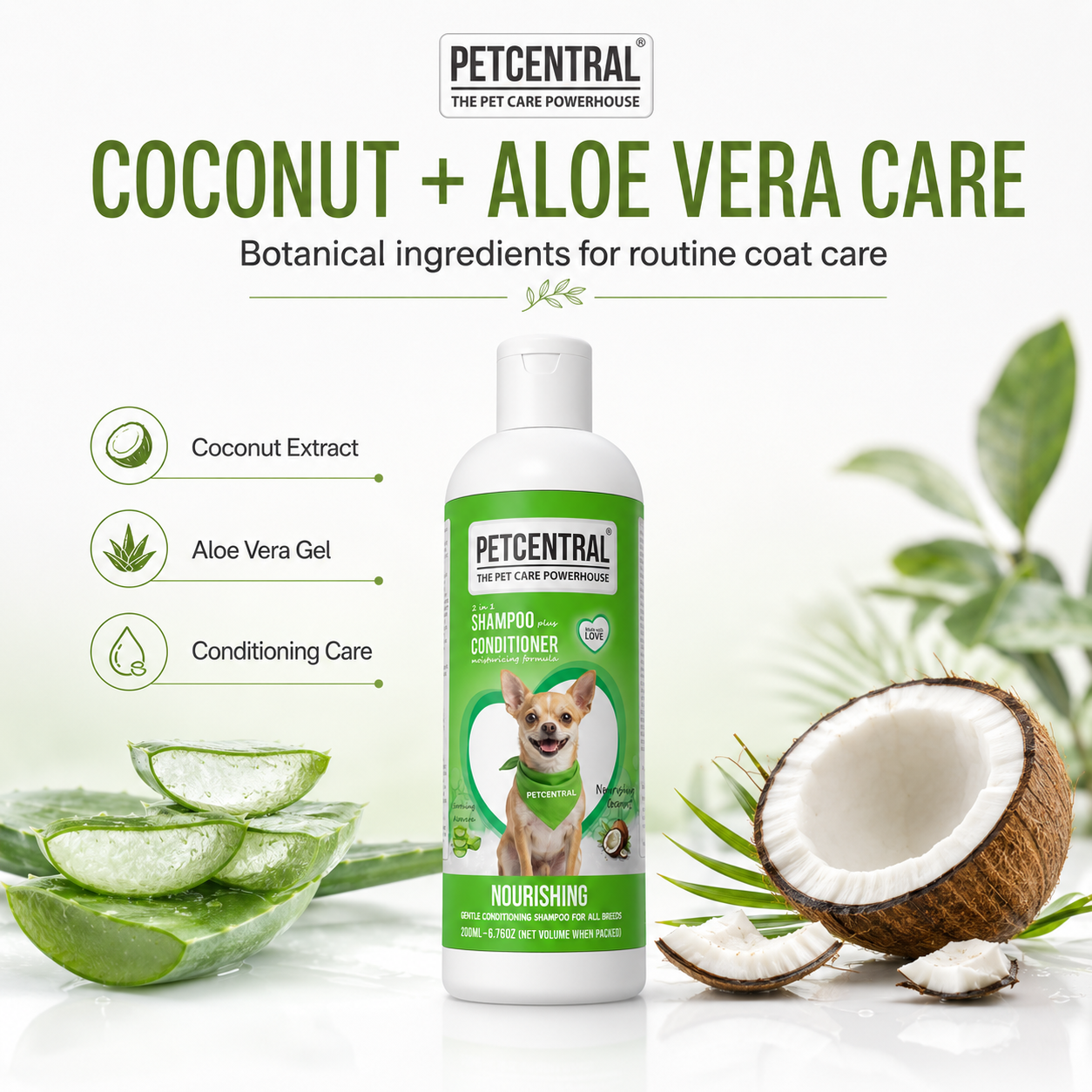 PETCENTRAL 2-in-1 Coconut & Aloe Vera Shampoo + Conditioner for Dogs & Cats | Nourishing Pet Grooming Shampoo | Cleanse, Condition & Detangle