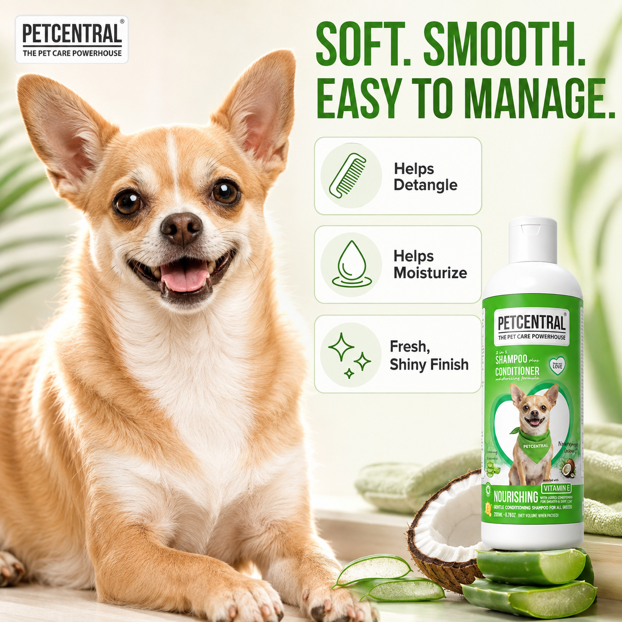 PETCENTRAL 2-in-1 Coconut & Aloe Vera Shampoo + Conditioner for Dogs & Cats | Nourishing Pet Grooming Shampoo | Cleanse, Condition & Detangle