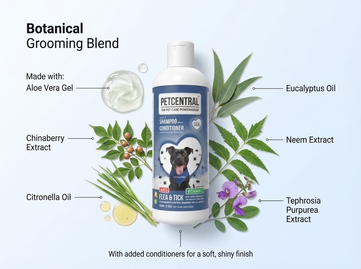 PETCENTRAL Natural Anti Flea & Tick 2-in-1 Pet Shampoo + Conditioner | Herbal Flea Tick Lice Control | Neem, Citronella, Eucalyptus & Aloe Vera | For Dogs & Cats