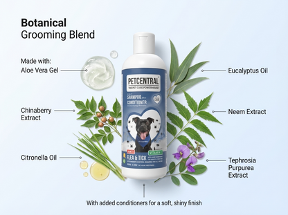 PETCENTRAL Natural Anti Flea & Tick 2-in-1 Pet Shampoo + Conditioner | Herbal Flea Tick Lice Control | Neem, Citronella, Eucalyptus & Aloe Vera | For Dogs & Cats