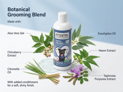 PETCENTRAL Natural Anti Flea & Tick 2-in-1 Pet Shampoo + Conditioner | Herbal Flea Tick Lice Control | Neem, Citronella, Eucalyptus & Aloe Vera | For Dogs & Cats
