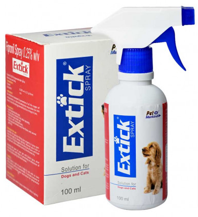 Extick Spray 100ml bottle and packaging for controlling ticks and fleas on dogs and cats
