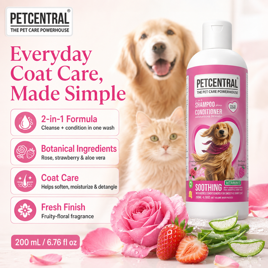 PETCENTRAL Himalayan Rose & Strawberry 2-in-1 Pet Shampoo + Conditioner | Cleansing, Conditioning & Detangling | For Dogs & Cats