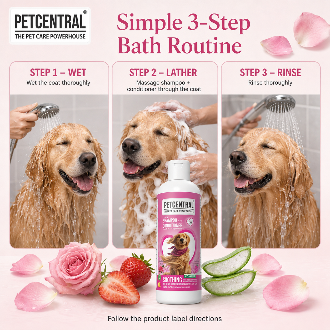 PETCENTRAL Himalayan Rose & Strawberry 2-in-1 Pet Shampoo + Conditioner | Cleansing, Conditioning & Detangling | For Dogs & Cats
