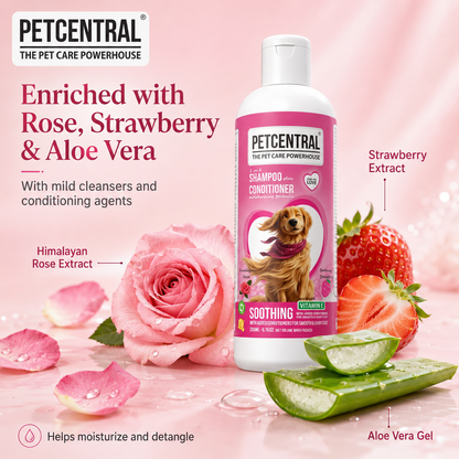 PETCENTRAL Himalayan Rose & Strawberry 2-in-1 Pet Shampoo + Conditioner | Cleansing, Conditioning & Detangling | For Dogs & Cats