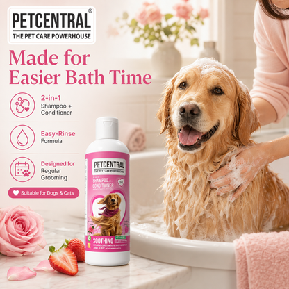 PETCENTRAL Himalayan Rose & Strawberry 2-in-1 Pet Shampoo + Conditioner | Cleansing, Conditioning & Detangling | For Dogs & Cats