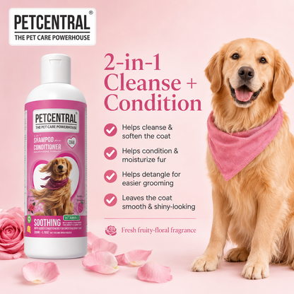 PETCENTRAL Himalayan Rose & Strawberry 2-in-1 Pet Shampoo + Conditioner | Cleansing, Conditioning & Detangling | For Dogs & Cats