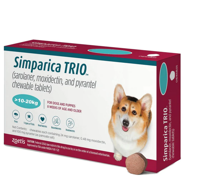 Zoetis Simparica Trio Chewable Tablets for Dogs - 1 Month Protection (1 Pack, 3 Tablets)
