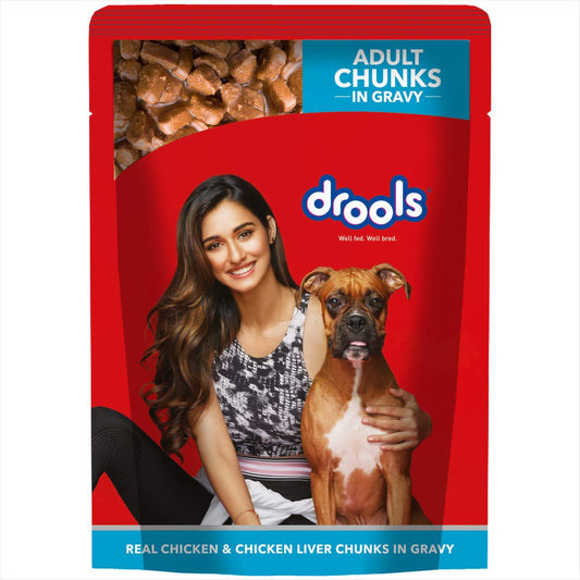 Drools Adult Wet Dog Food, Real Chicken and Chicken Liver Chunks in Gravy, 24 Pouches (24 x 150g) - Pet Central