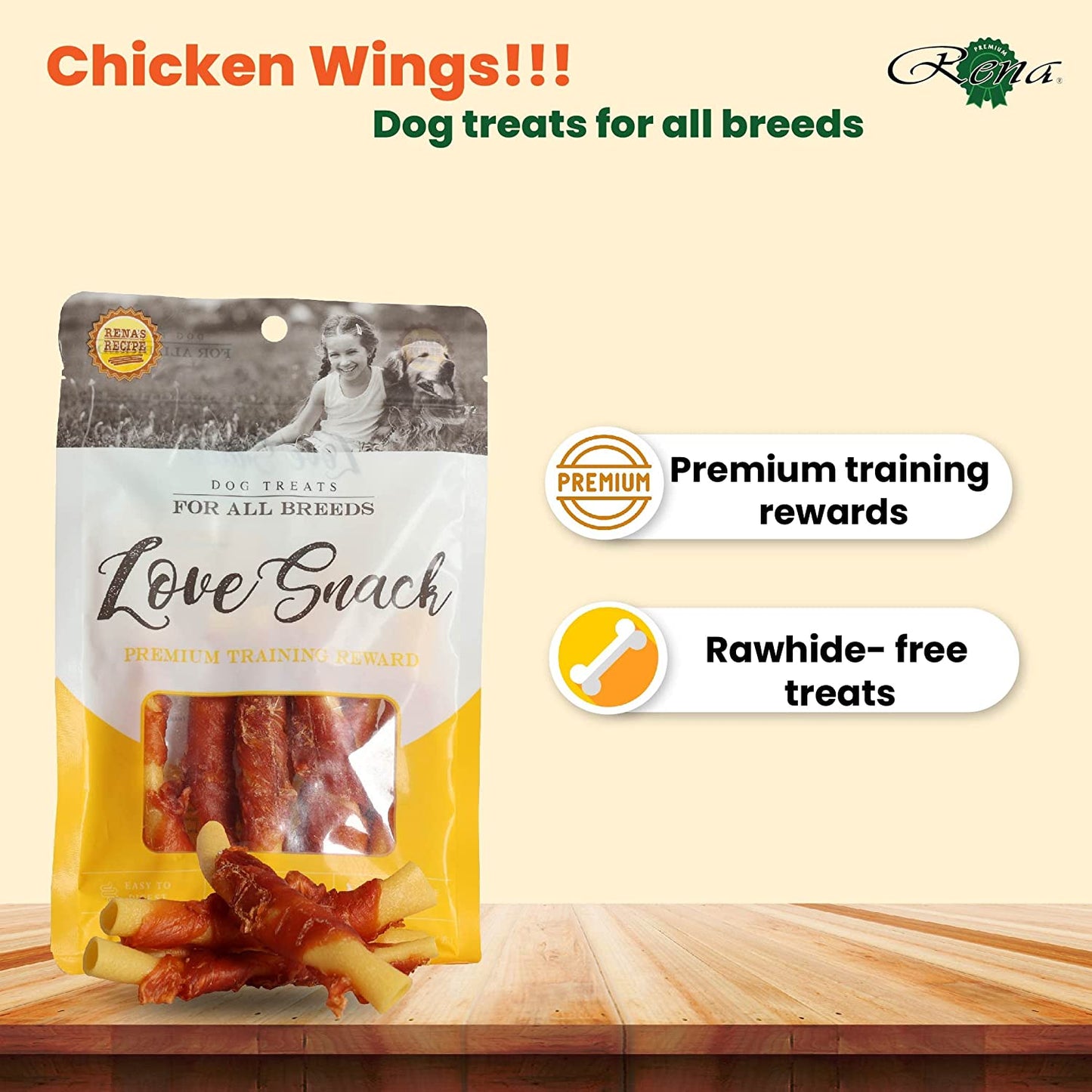 Rena's Love Snack Chicken Wings, for All Dog Breed, Easy to Digest, Low in Fat, 100% Cage Free Chicken, Rich in Protein, No Artificial Flavors, Rawhide Free, 150g (Pack of 2) - Pet Central